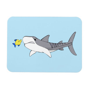 Grumpy tiger shark and cute yellow fish magnet
