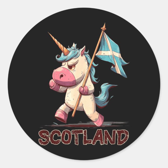 Grumpy Unicorn with Scottish Flag for Scotland Classic Round Sticker (Front)
