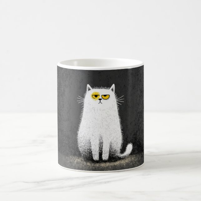 Grumpy White Cat – Funny Minimal Cat Art Coffee Mug (Center)