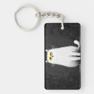 Grumpy White Cat – Funny Minimal Cat Art Keychain