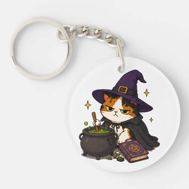 Grumpy Witch Cat Halloween  Keychain (Front)