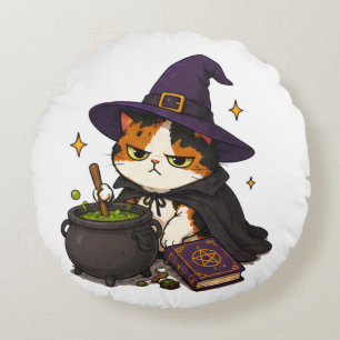 Grumpy Witch Cat Halloween Round Pillow