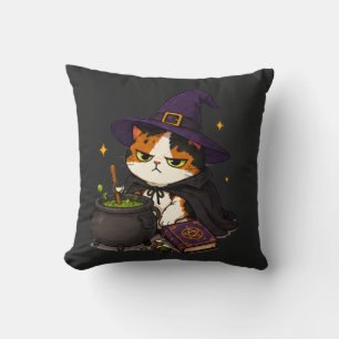 Grumpy Witch Cat Halloween Throw Pillow