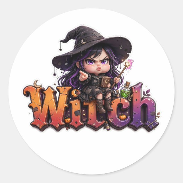 Grumpy Witch Halloween Sticker Cute Chibi Witch wi (Front)