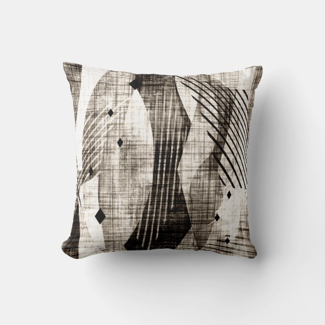 Grunge abstract geometric striped beige black throw pillow (Front)