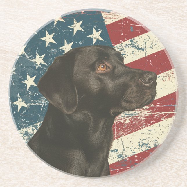 Grunge American Flag Black Labrador Retriever Dog Coaster (Front)