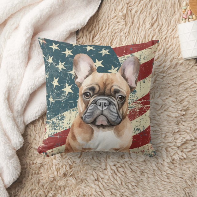 Grunge American Flag French Bulldog Throw Pillow (Blanket)
