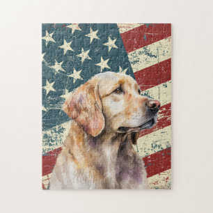 Grunge American Flag Golden Retriever Dog Jigsaw Puzzle