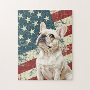 Grunge American Flag White French Bulldog Jigsaw Puzzle