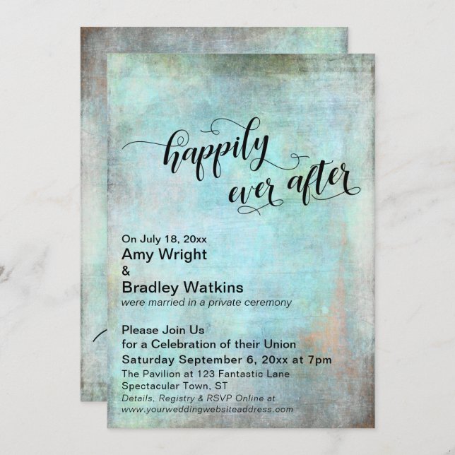 Grunge Aqua Happily Ever After Wedding Reception Invitation (Front/Back)