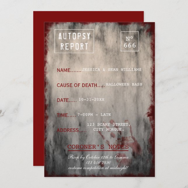 Grunge Autopsy Report Halloween Bash Invitation (Front/Back)