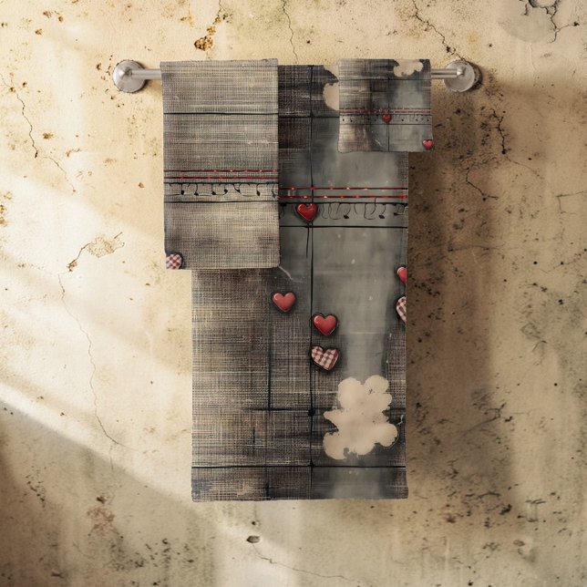 Grunge Black and Cream with Red Hearts Bath Towel Set (Creator Uploaded)