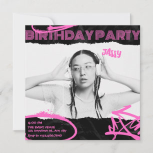 Grunge Black and Pink art photo birthday Invitation