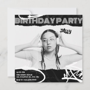 Grunge Black and white art photo birthday Invitation