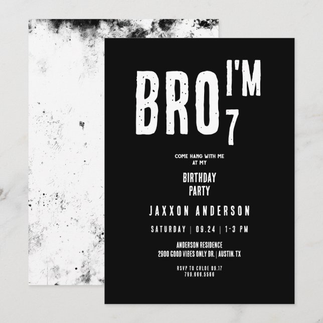 Grunge Black & White Boy Birthday Party Invitation (Front/Back)