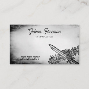 Grunge Black & White Floral Sword Tattoo Artist Business Card