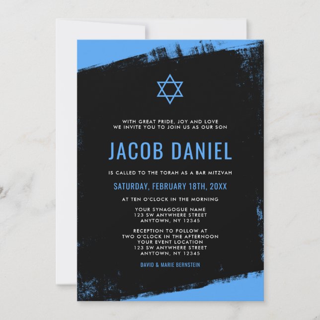Grunge Blue Black Bar Mitzvah Invitations (Front)