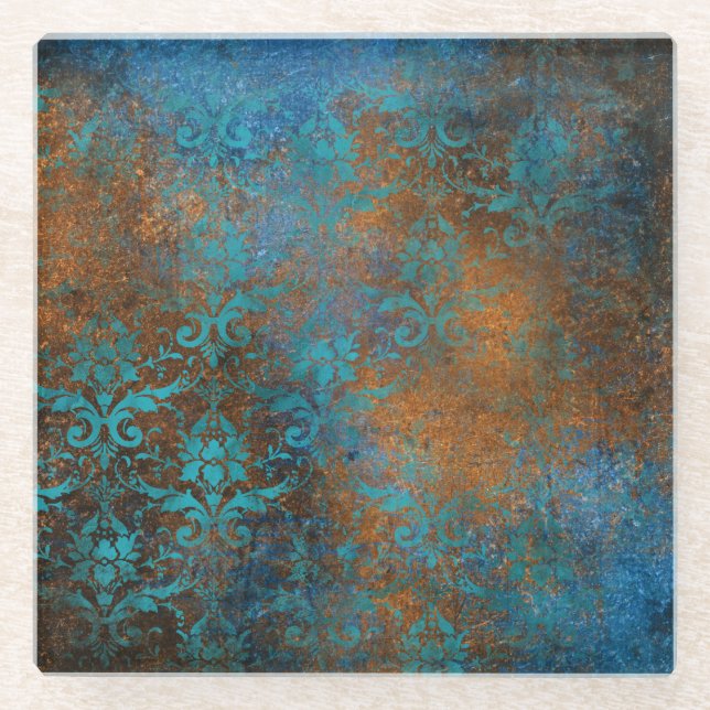 Grunge Brown Blue Floral Decorative Luxury Pattern Glass Coaster (Front)
