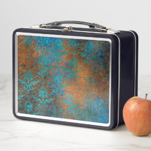 Grunge Brown Blue Floral Decorative Luxury Pattern Metal Lunch Box