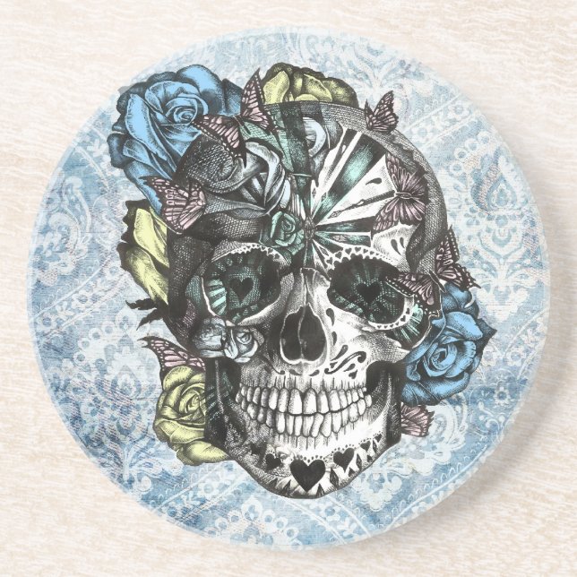 Grunge Candy sugar skull in blue yellow and pink. Coaster (Front)