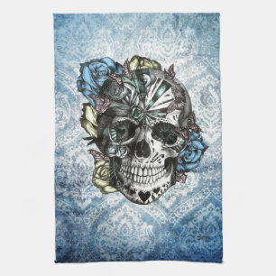 Grunge Candy sugar skull in blue yellow and pink. Kitchen Towel