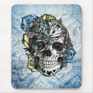 Grunge Candy sugar skull in blue yellow and pink. Mouse Pad