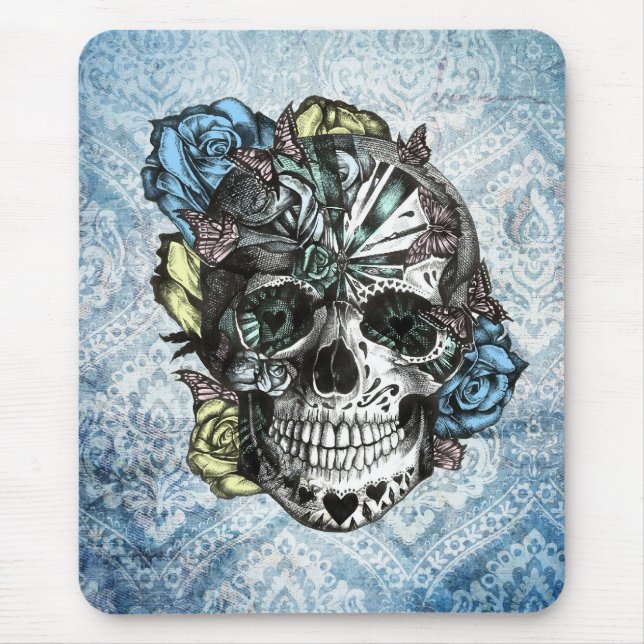 Grunge Candy sugar skull in blue yellow and pink. Mouse Pad (Front)