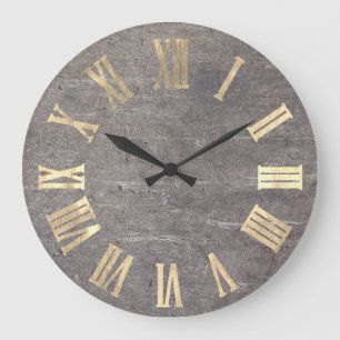 Grunge Cement Grey Grey Metal Minimal Roman Number Large Clock
