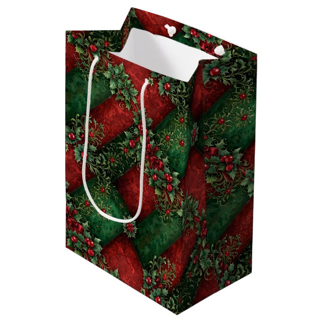 Grunge Christmas Holly Medium Gift Bag (Front Angled)