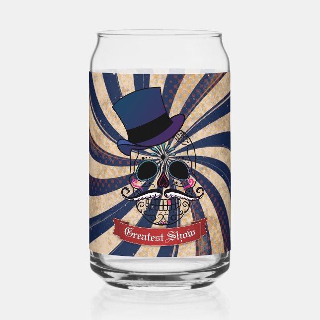 Grunge Circus Sugar Skull Ringmaster Custom Text Can Glass (Front)