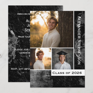 Grunge Concrete 3 Photo Boys Graduation Invitation