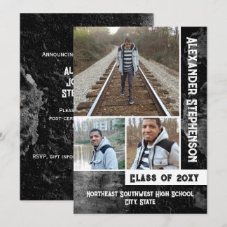 Grunge Concrete 3 Photo Boys Guys Graduation Invitation