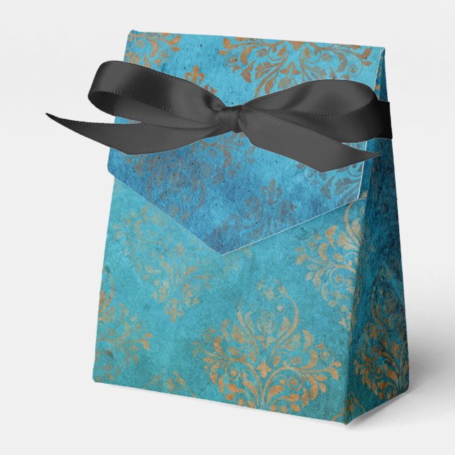 Grunge Copper Patina and Turquoise Damask Favor Box (Front Side)