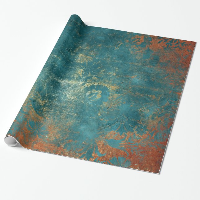 Grunge Copper Patina and Turquoise Damask Wrapping Paper (Unrolled)