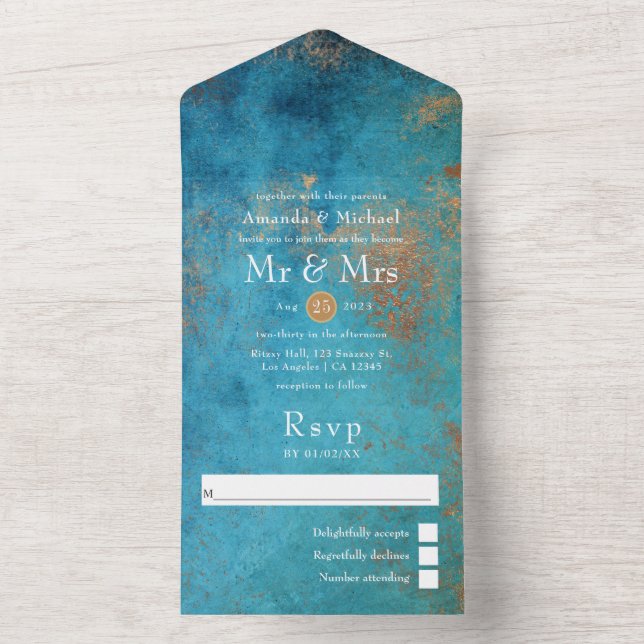 Grunge Copper Patina and Turquoise Wedding All In One Invitation (Inside)