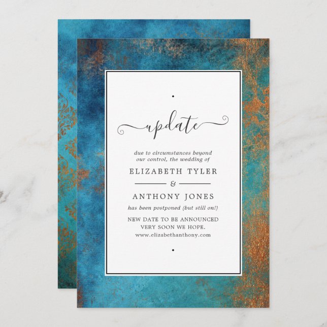 Grunge Copper Patina and Turquoise Wedding Update Invitation (Front/Back)