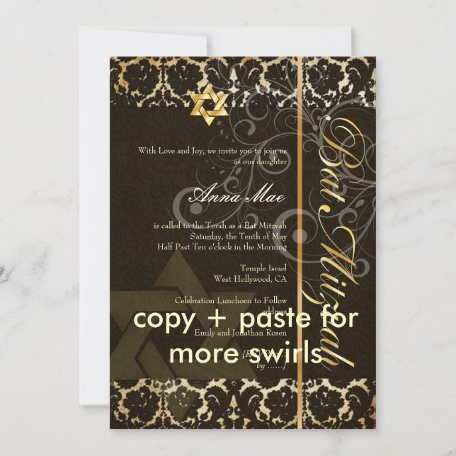 Grunge Damask Bat Mitzvah/black/gold Invitation (Front)