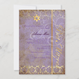 Grunge Damask Bat Mitzvah/lilac/gold Invitation