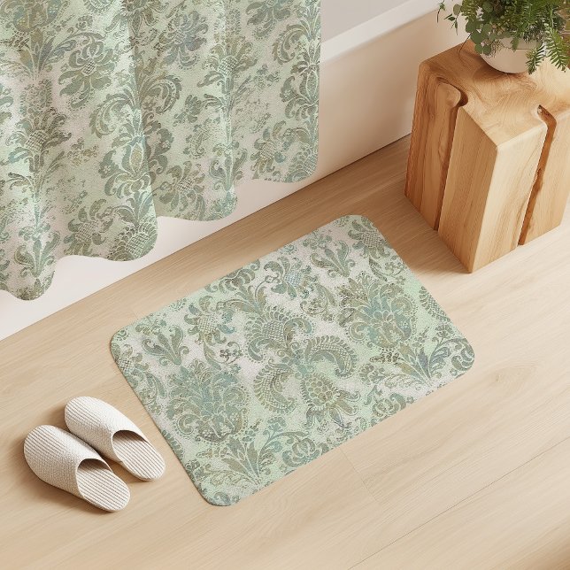 Grunge Damask Duck Egg Blue Sage Green Bath Mat (Creator Uploaded)