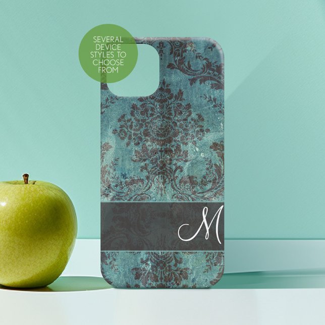 grunge damask Pattern with Monogram teal Case-Mate iPhone Case (Personalized Phone Case with Custom Monogram)