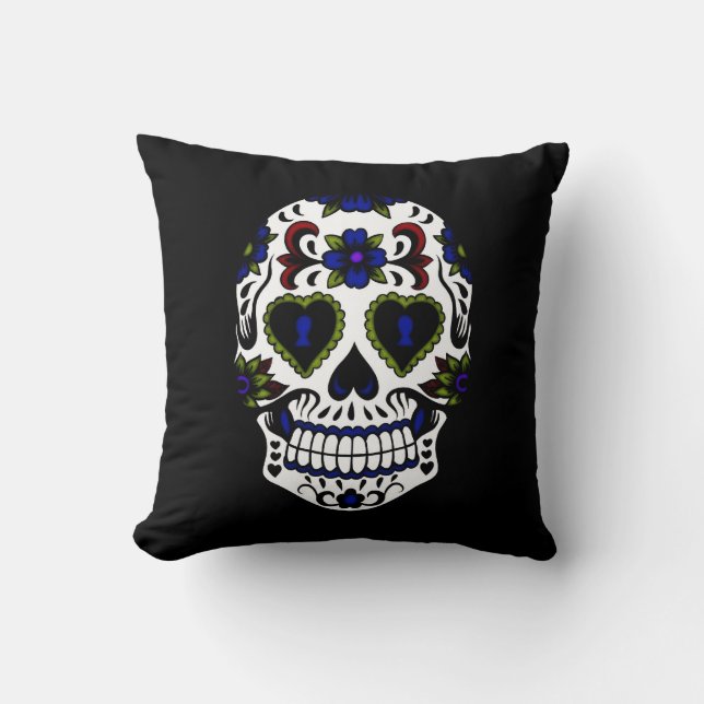 Grunge Day of the Dead Blue & Red Throw Pillow (Front)