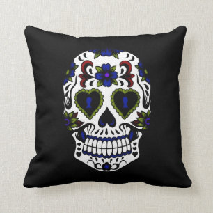 Grunge Day of the Dead Blue & Red Throw Pillow
