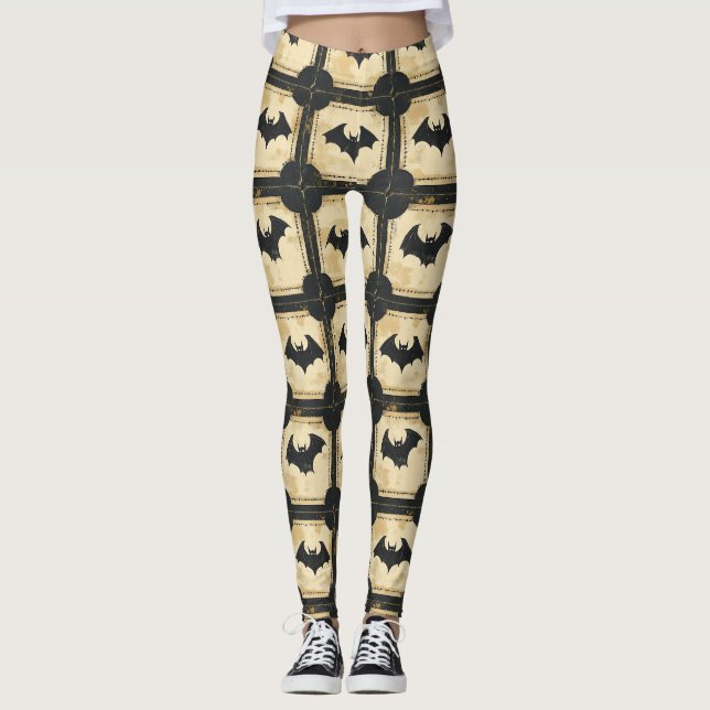 Grunge Denim Halloween Patchwork with Bats (2) Leggings (Front)