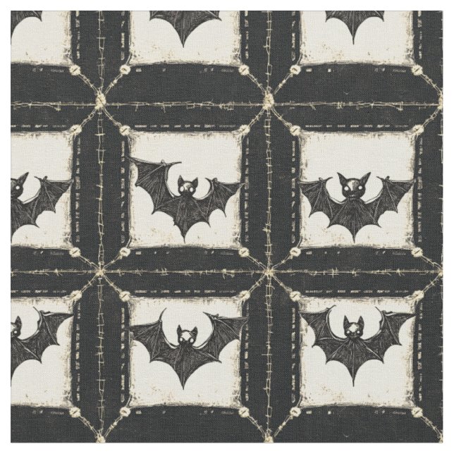 Grunge Denim Halloween Patchwork with Bats Fabric (Close Up)