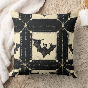 Grunge Denim Halloween Patchwork with Bats Throw Pillow