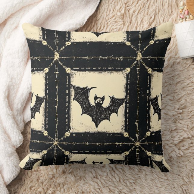 Grunge Denim Halloween Patchwork with Bats Throw Pillow (Blanket)