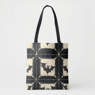 Grunge Denim Halloween Patchwork with Bats Tote Bag