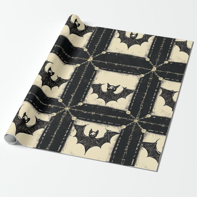 Grunge Denim Halloween Patchwork with Bats Wrapping Paper (Unrolled)