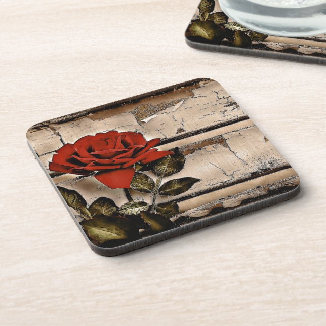 Grunge Distressed Barn Wood Rustic Red Rose Coaster (Left Side)