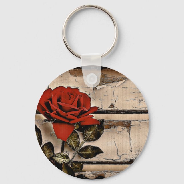Grunge Distressed Barn Wood Rustic Red Rose Keychain (Front)